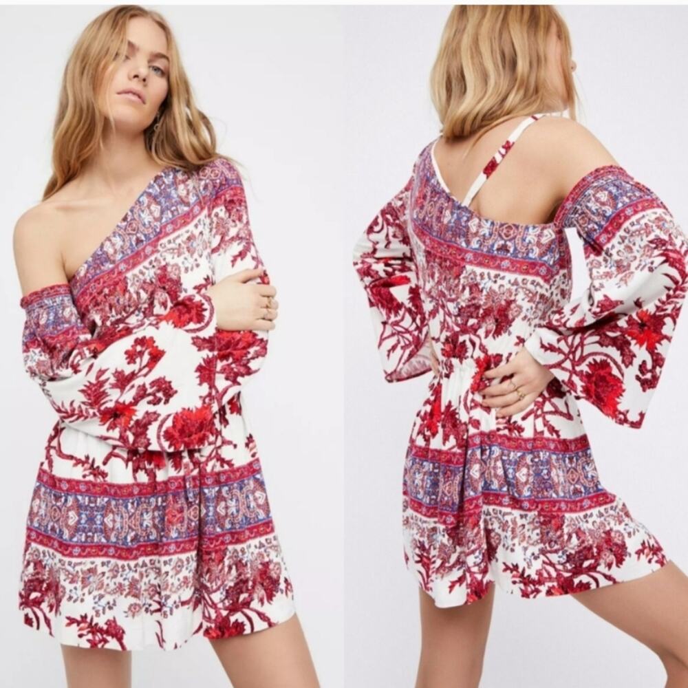 Free People Nomad Dress XS Red Cream One Shoulder Mini Bell Festival Boho